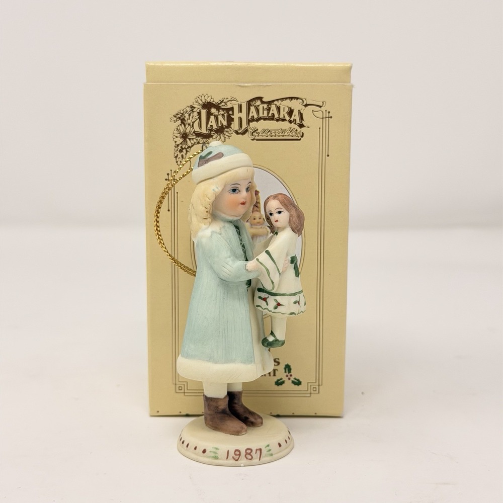 Jan Hagara Vintage 1987 Porcelain Christmas Ornament Girl w/ Doll w/Box